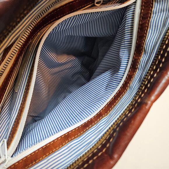 Noonday Collection Leather Zip Top Shoulder Bag Purse Cognac Brown Tote - Picture 13 of 16